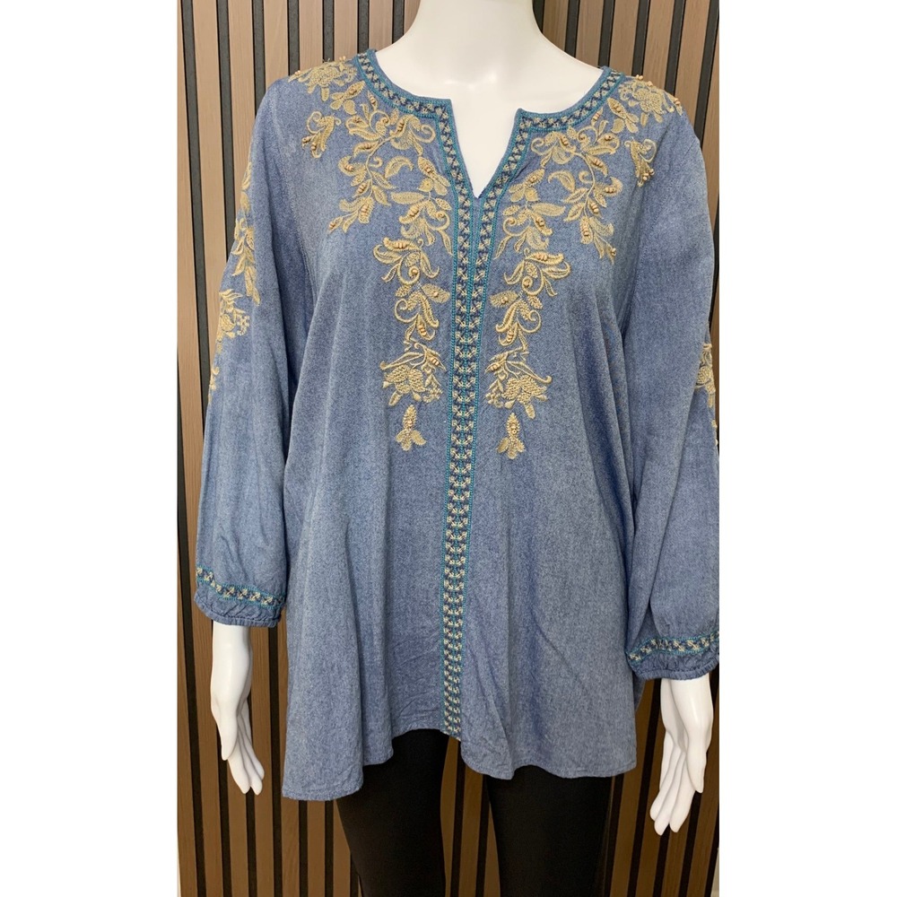 J. Jill Blue Embroidered Chambray Tunic Top Beaded Boho Blouse Medium